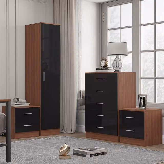 REFLECT Bedroom Furniture Set with 1 Door Wardrobe, 5 Drawer Chest and 2 Bedsides in Black Gloss and Matt Walnut