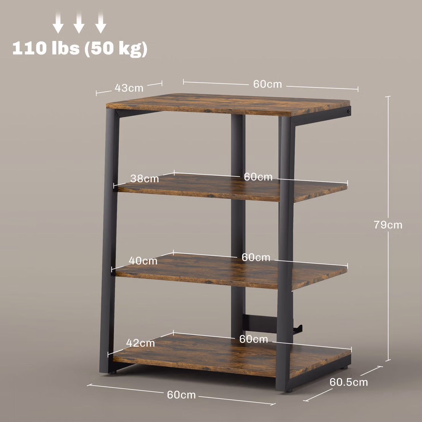 HOMCOM HiFi Stand with Four Adjustable Storage Shelves in Rustic Brown – 3