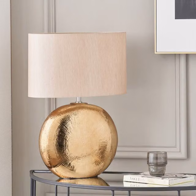Pacific Lifestyle Textured Ceramic Table Lamp with Taupe Fabric Shade in Bronze and Gold