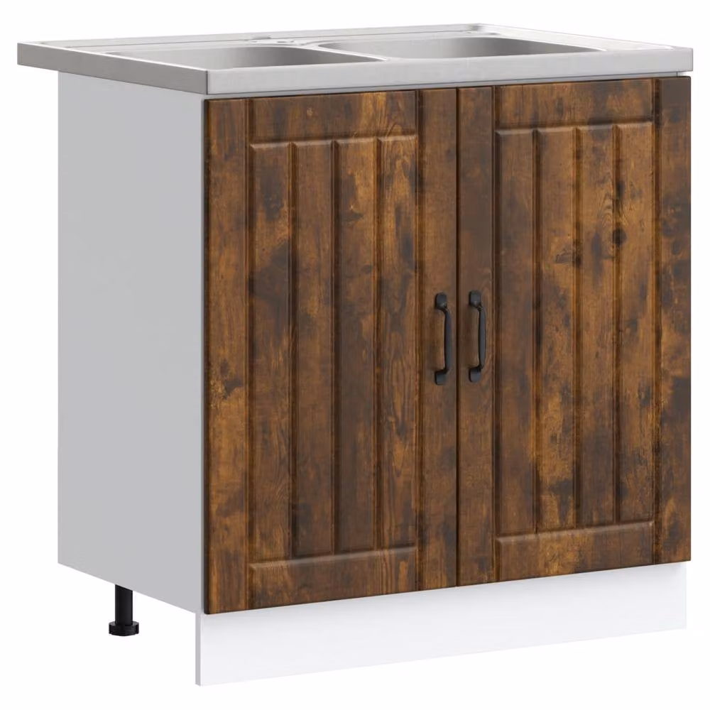 Berkfield Home Lucca Kitchen Sink Cabinet with Double Basins in Smoked Oak Brown, W/D/H: 81.5 x 46 x 46 cm – 1
