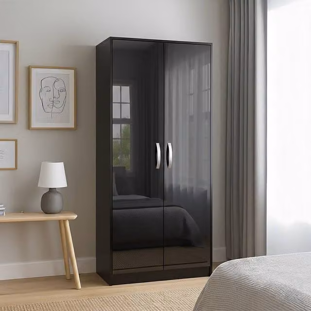 HD Designs Hulio 2 Door Wardrobe in Black MDF, H 170 cm x W 76 cm x D 47 cm – 1
