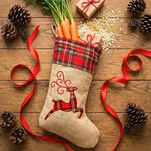 Shatchi Reindeer Christmas Stocking in Brown Burlap Hessian Linen, 45 cm – 8
