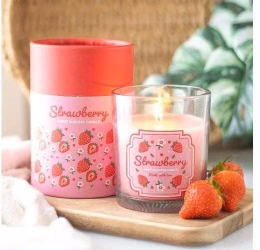 KDMD Strawberry Scented Pink Votive Candle with Glass and Wood Elements
