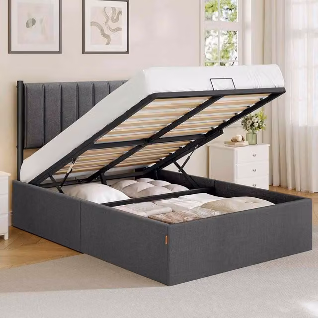 The Bazaarist Small Double Ottoman Bed Frame with Lift-Up Storage, Grey