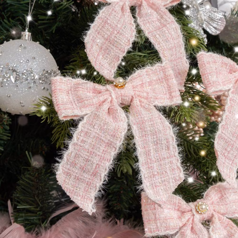Melody Maison Set of 4 Pink and White Tartan Boucle Jewelled Christmas Bow Hanging Decorations – 2