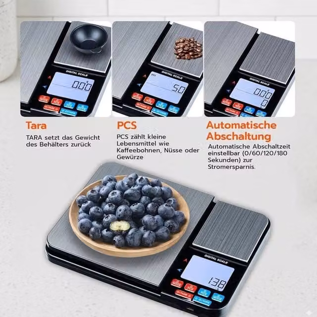 Kelvenix Dual Platform Professional Kitchen Scales in Black with Stainless Steel Finish and Rechargeable Battery