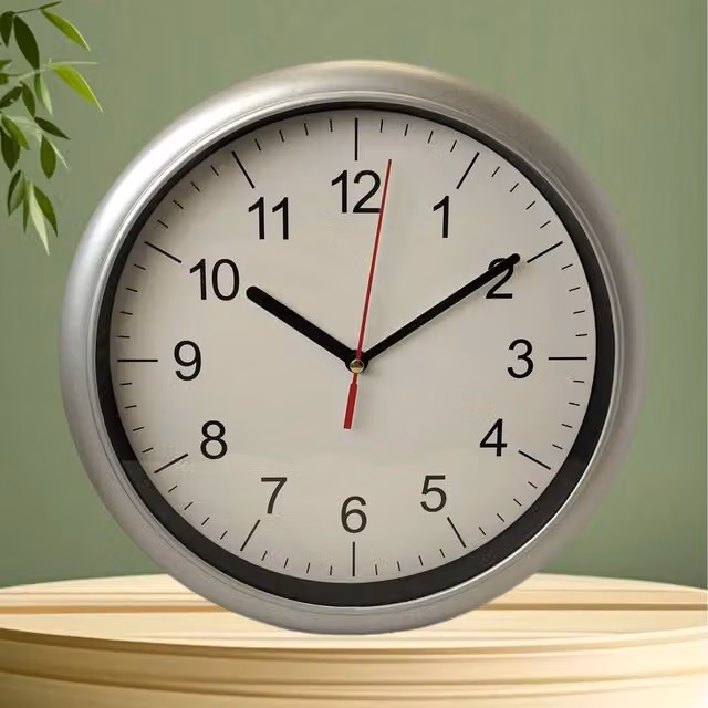 Basiks Minimalist Round Quartz Wall Clock in White and Silver, Diameter: 24 cm