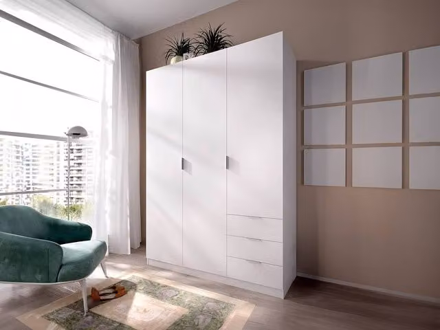 Vente-unique White Corner Wardrobe with 3 Doors and 3 Drawers, W: 121 cm, H: 184 cm, D: 52 cm