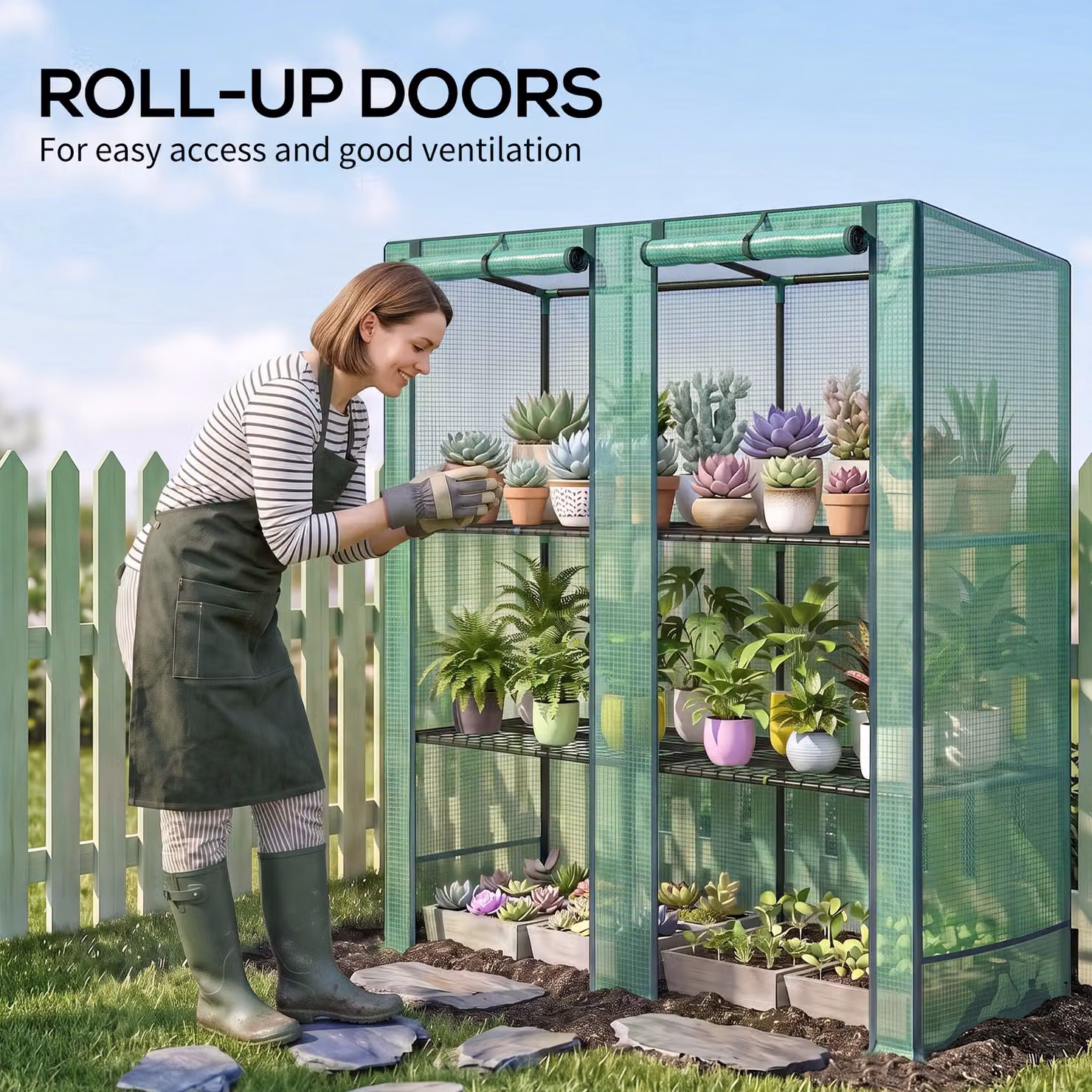 Outsunny Three-Tier Mini Lean-to Greenhouse with Shelving, Green, H 152 x W 144 x D 48 cm – 4