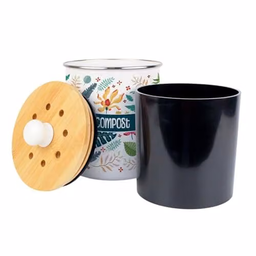 Purely Home Tropical Flowers Metal Compost Caddy with Removable Inner Bucket and Odour Filter, Blue and Multicolour, 2L – 3