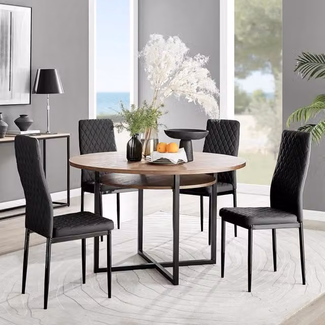 FurnitureboxUK Adley Brown Wood Round Dining Table and 4 Milan Black Leg Chairs – 1