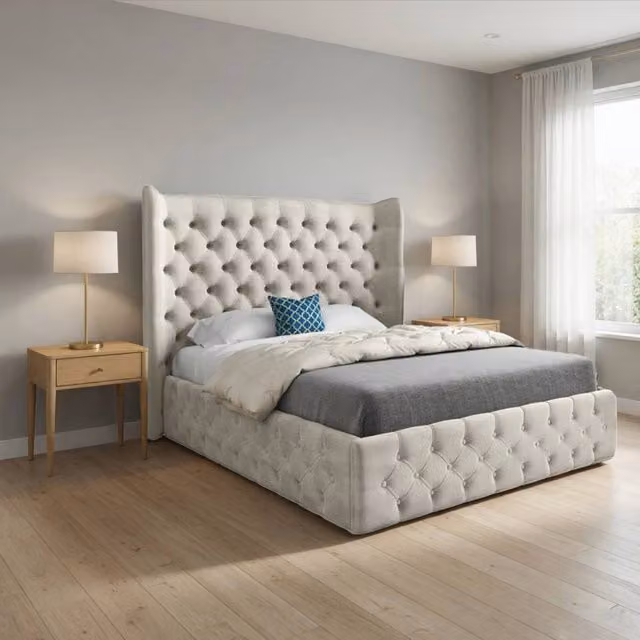 Casani Hutton Wide Winged Upholstered Designer Bed Frame in Beige Velvet, Super King, W/D/H: 220 x 200 x 137 cm – 1