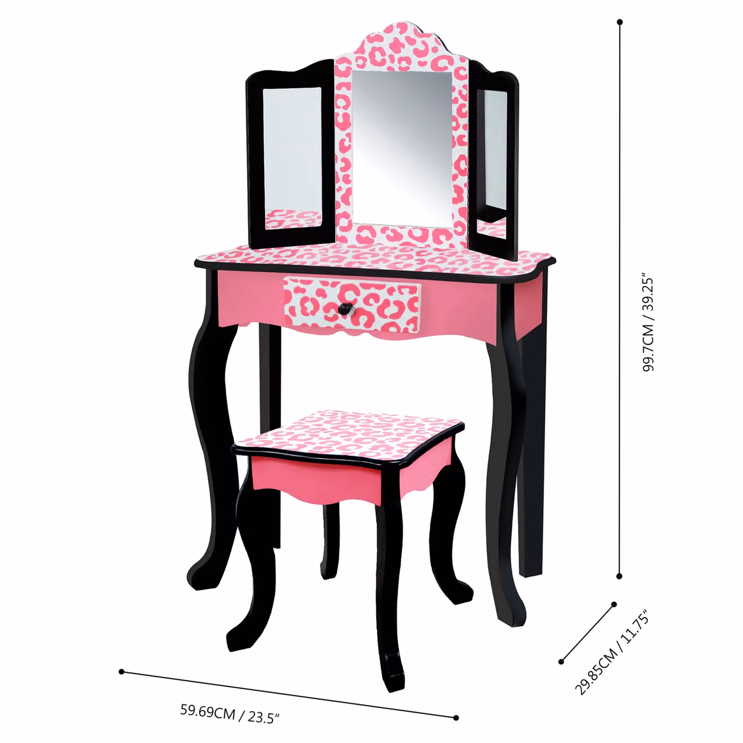 Teamson Kids Leopard Print Wooden 2-Piece Play Vanity Set with Tri-Fold Mirror, Storage Drawer and Matching Stool, Black and Pink – 4