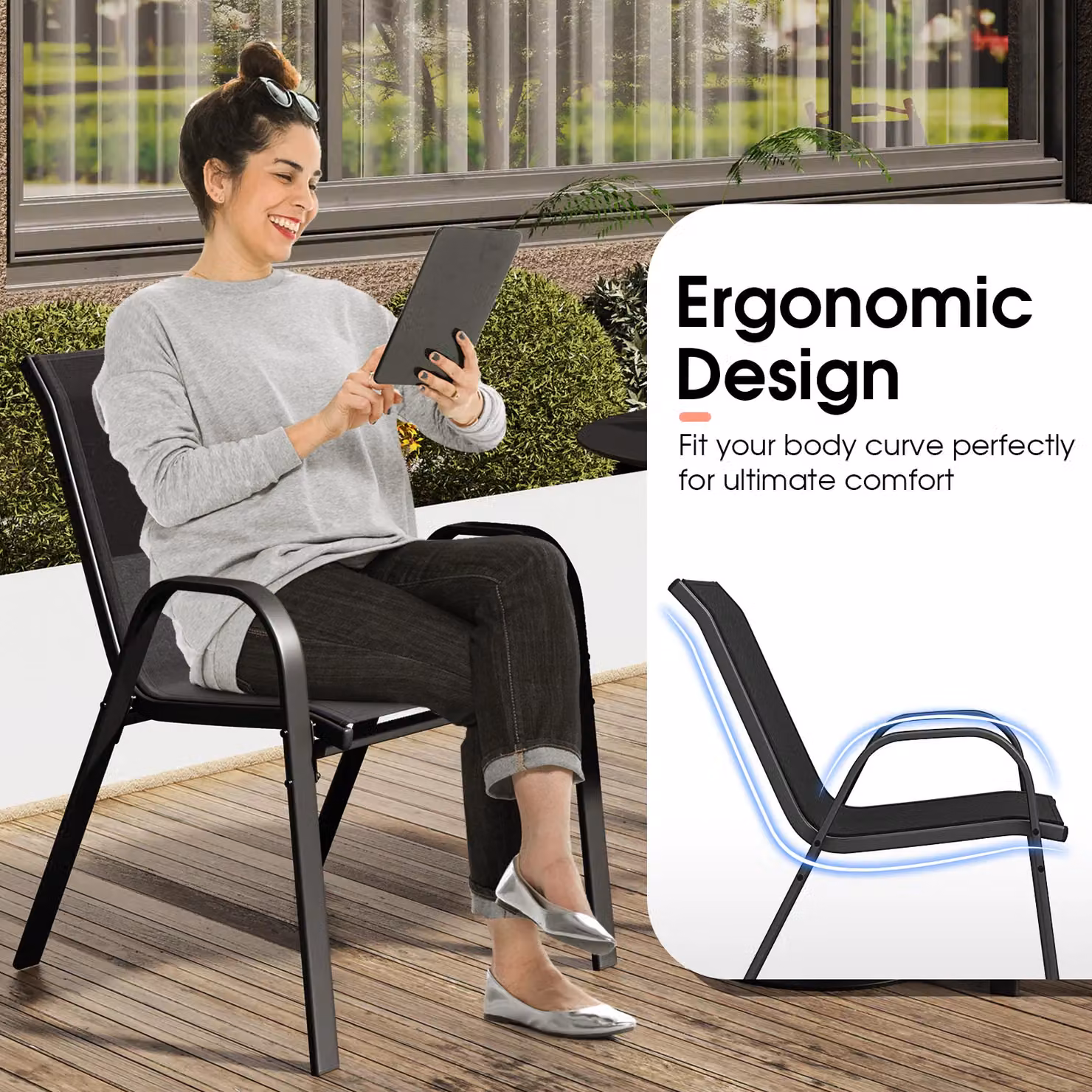 Gymax Set of 4 Stackable Metal Patio Dining Chairs with Armrests in Matt Black – 4