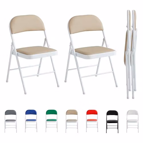 MCC Direct Set of 2 Beige Faux Leather Folding Chairs with Metal Frame