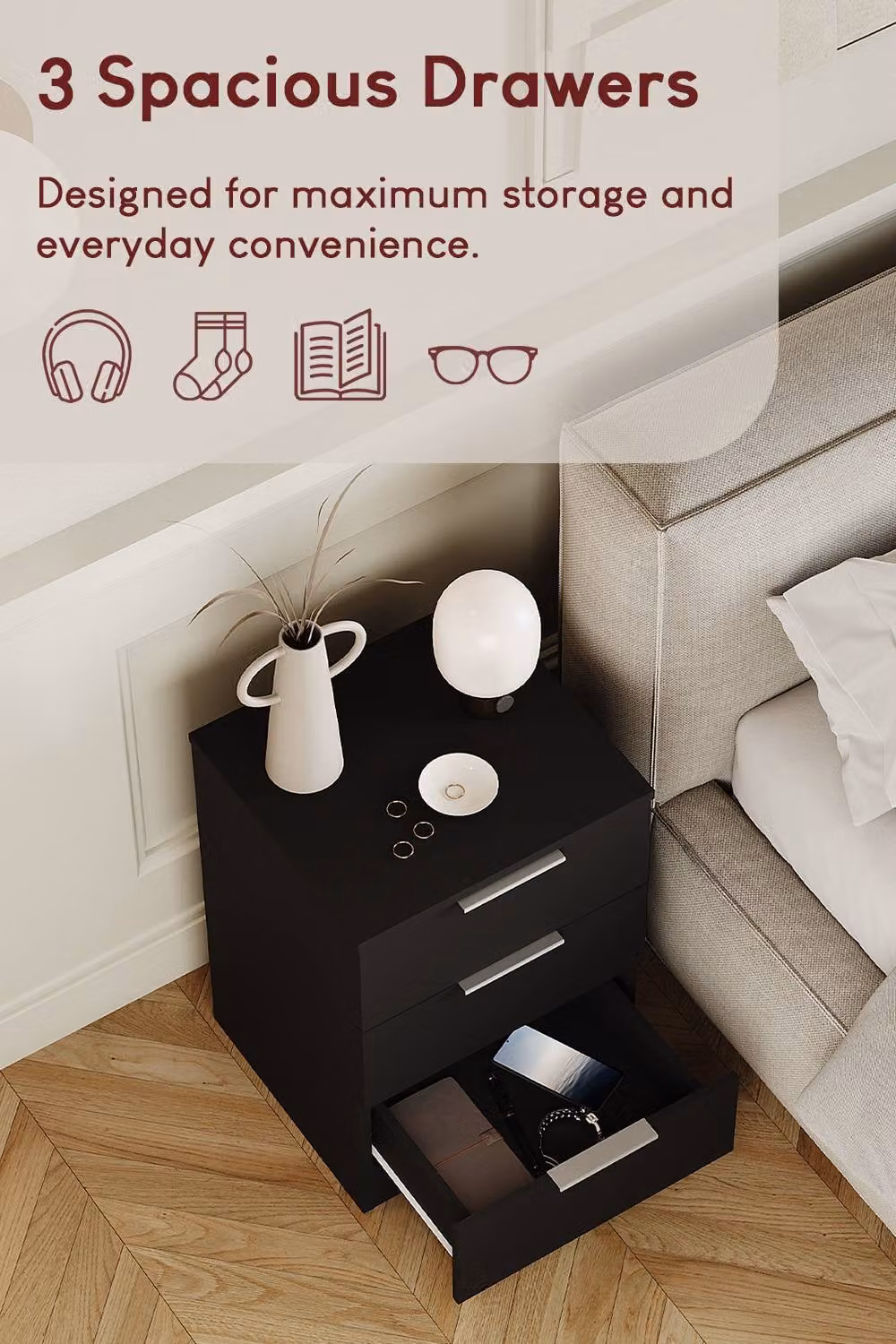 Vida Designs Trega 3 Drawer Bedside Chest in Black – 4