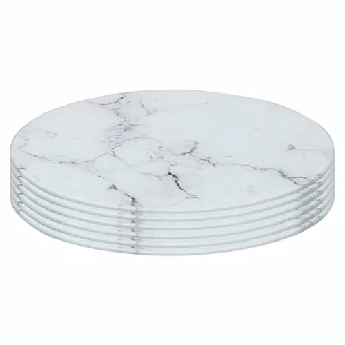 Harbour Housewares Set of 6 Round Glass Placemats in White Marble Effect, Diameter: 30 cm