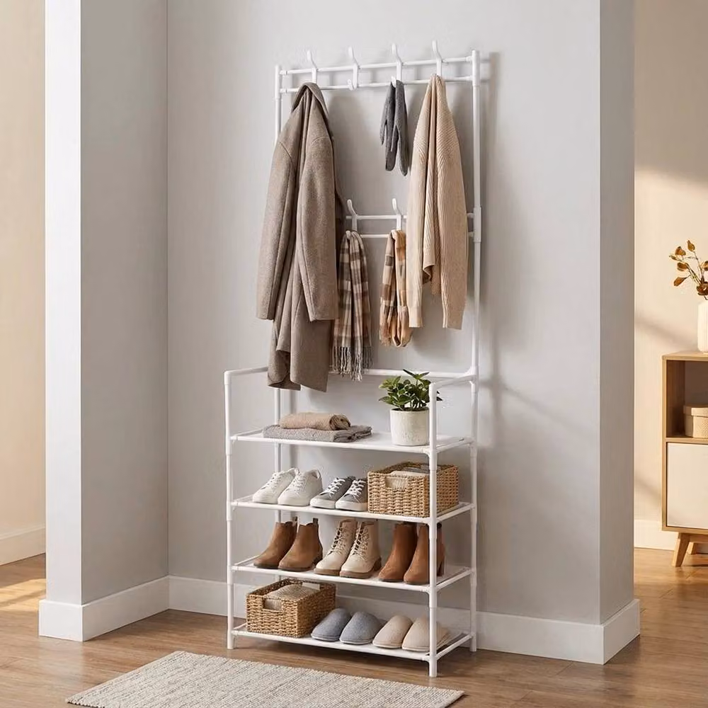 KORVIXA Metal Hall Tree with Bench and Shoe Rack in Matt White – 2