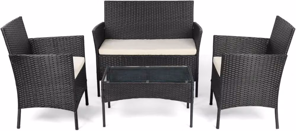 Lishetimig 4-Piece Rattan Garden Furniture Set with Cushions and Glass Coffee Table in Black and Brown – 3