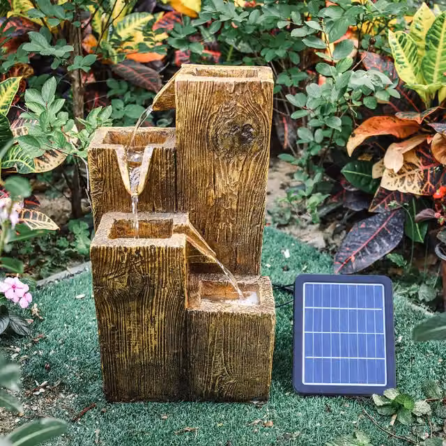 Livingandhome Solar Tree Trunk Container-Shaped Cascade Water Feature in Brown Resin