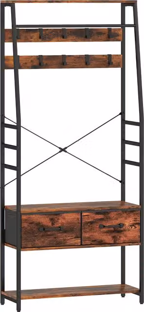 HOMCOM 6-in-1 Industrial Hall Tree with Bench and Dual Hook and Rail Matrix in Brown and Black – 1