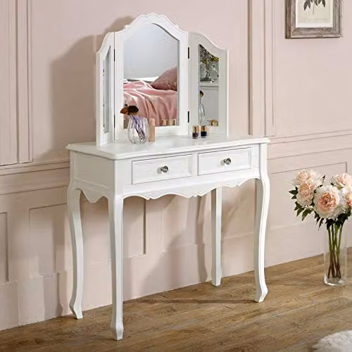 Melody Maison White Lacquered Wood Vintage Dressing Table and Tri-Fold Mirror Set W/D/H: 90 x 40 x 80 cm