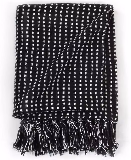 Berkfield Home Cotton Throw Squares in Black, W: 125 cm, D: 150 cm – 1
