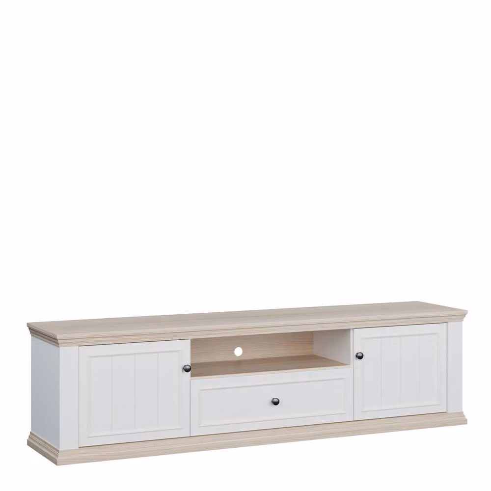 Furniture To Go Pontypool Wide TV Unit in White and Oak with 2 Doors, Drawer and Open Shelf – 2