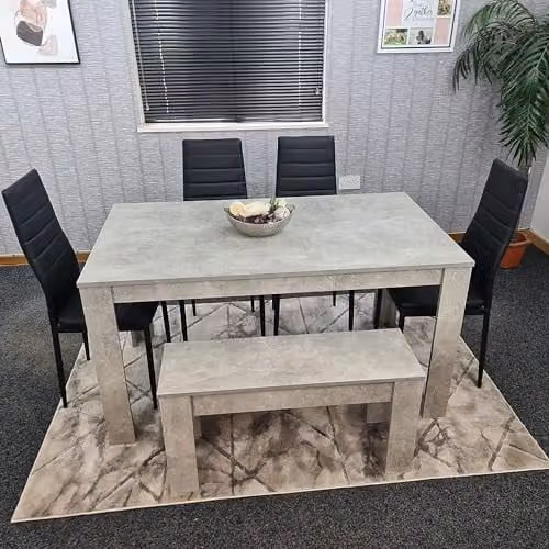 KOSY KOALA Modern 6 Seater Dining Set with Grey Stone Effect Table, 1 Bench and 4 Black Faux Leather Chairs, W/D/H: 117 x 77 x 75 cm