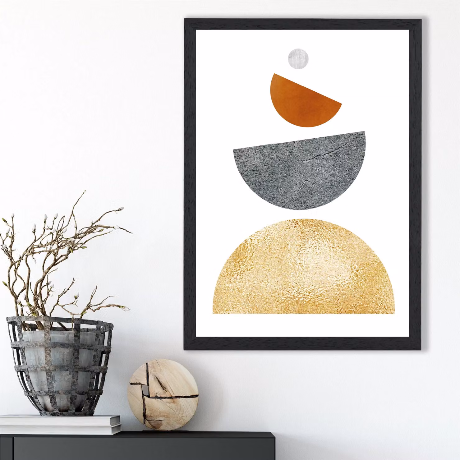 ARTZE Mid Century Geometric Framed Print, Orange, Yellow, Grey and Black Abstract Semi Circles, A4 – 2