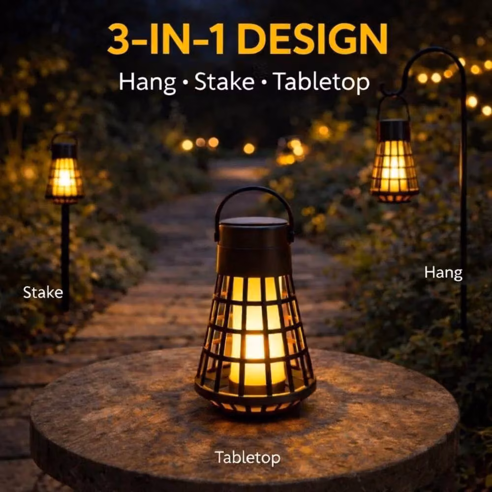 SPETLEK 3-in-1 Solar Dancing Flame Amber LED Hanging Table Lamp in Black – 2