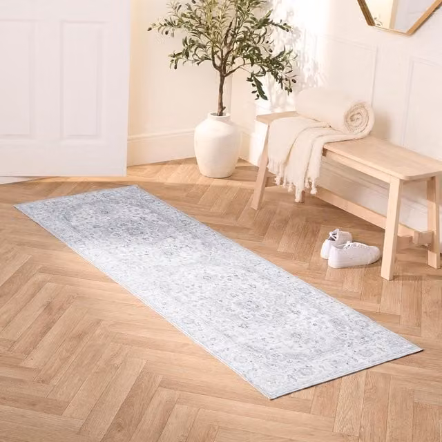 OHS Vintage Print Washable Rectangular Rug in Grey, Width: 66 cm