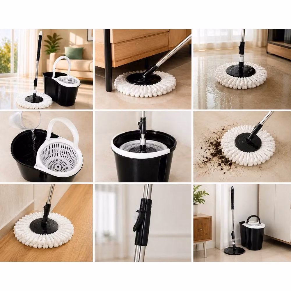 VOGREX Microfibre Mop Bucket Set with Wringer and Rotating Dry Heads in Black – 5