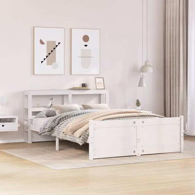 Berkfield Home Small Double Bed Frame with Headboard and Side Compartments in White Solid Pine Wood, W/D/H: 120 x 200 cm