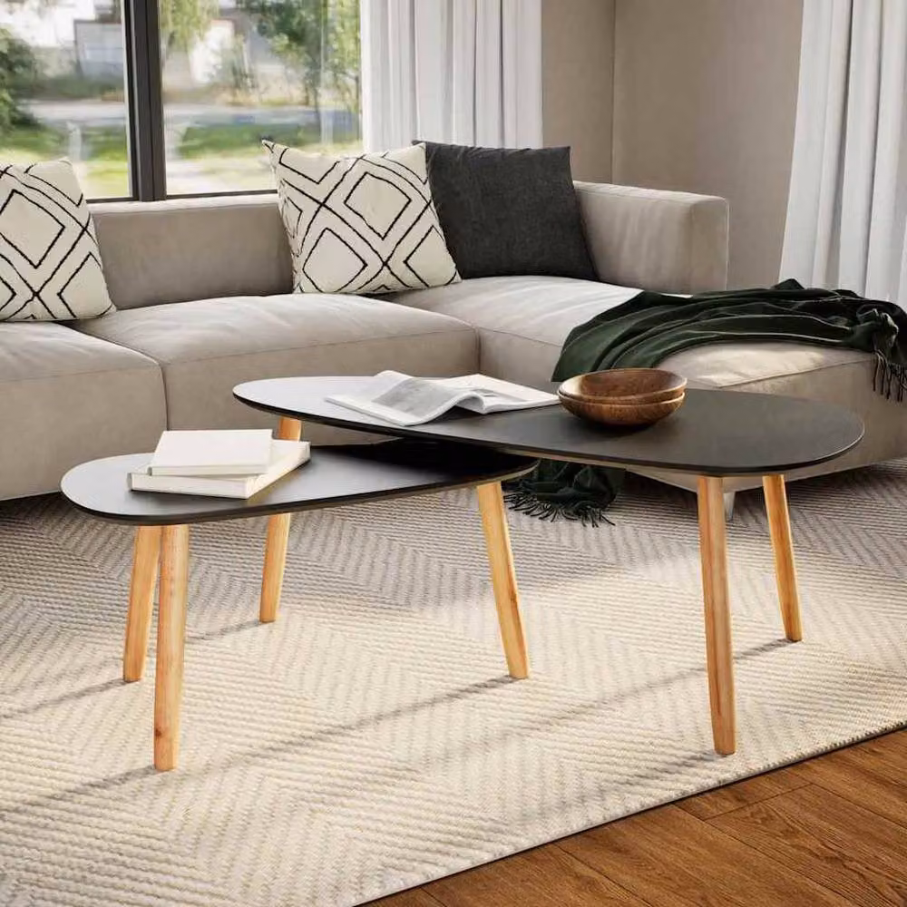 Berkfield Home 2 Piece Nested Coffee Table Set in Black Scandinavian Style with Oval Wood Tops – 2