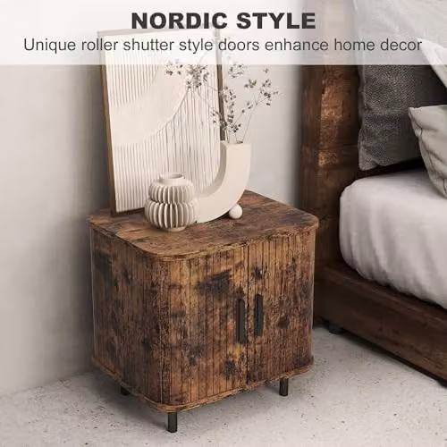 HOMCOM Scandinavian Bedside Table with Sliding Doors and Metal Legs in Brown, W: 40 cm, D: 30 cm, H: 48 cm – 3