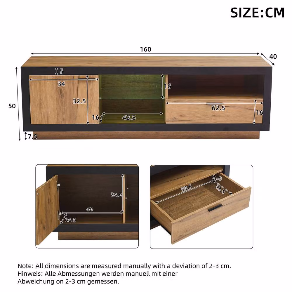 BTM Modern LED TV Stand with Drawer, Door and Open Shelves in Brown and Black, W/D/H: 160 x 40 x 50 cm – 5