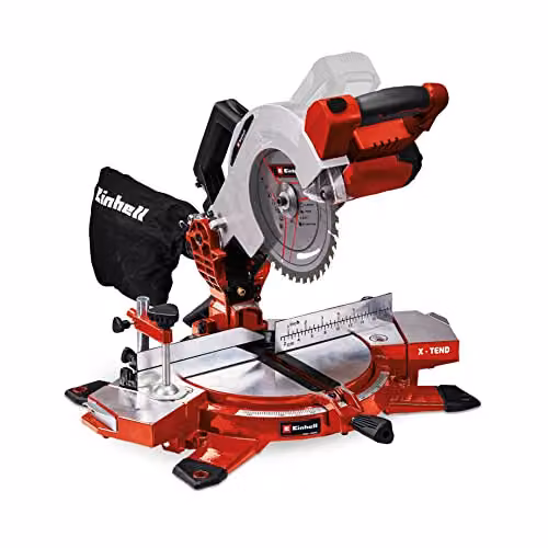 Einhell Power X-Change 18V Cordless Mitre Saw with Work Table, 3000 RPM, Black, Yellow and Red