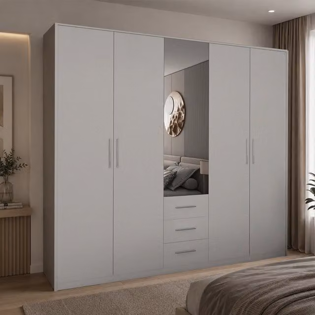 Swindon Matt White 5 Door 200cm Wardrobe with Mirror and 3 Integrated Drawers