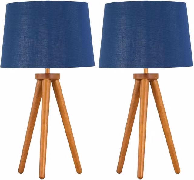 First Choice Lighting Set of 2 Dark Oak Table Lamps with Navy and Silver Fabric Shades in Brown, H: 51.0 cm, W: 28.5 cm, D: 28.5 cm – 1