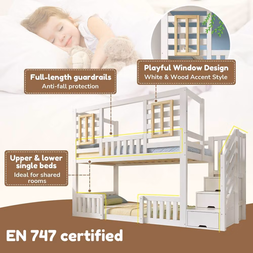 Rolipo Kids White Wooden Treehouse Bunk Bed with Storage Stairs – 5