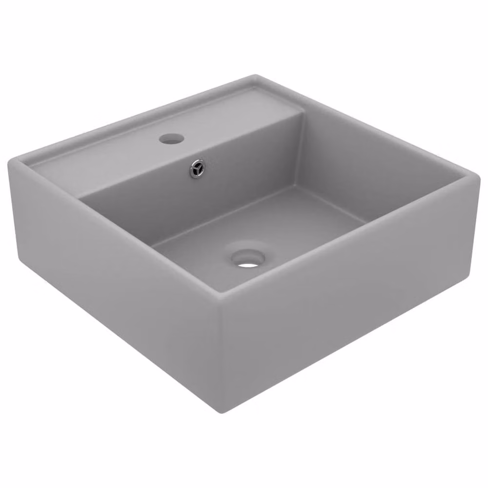 Berkfield Home Luxury Square Ceramic Countertop Basin with Overflow in Matt Light Grey, W: 41 cm x D: 41 cm – 2