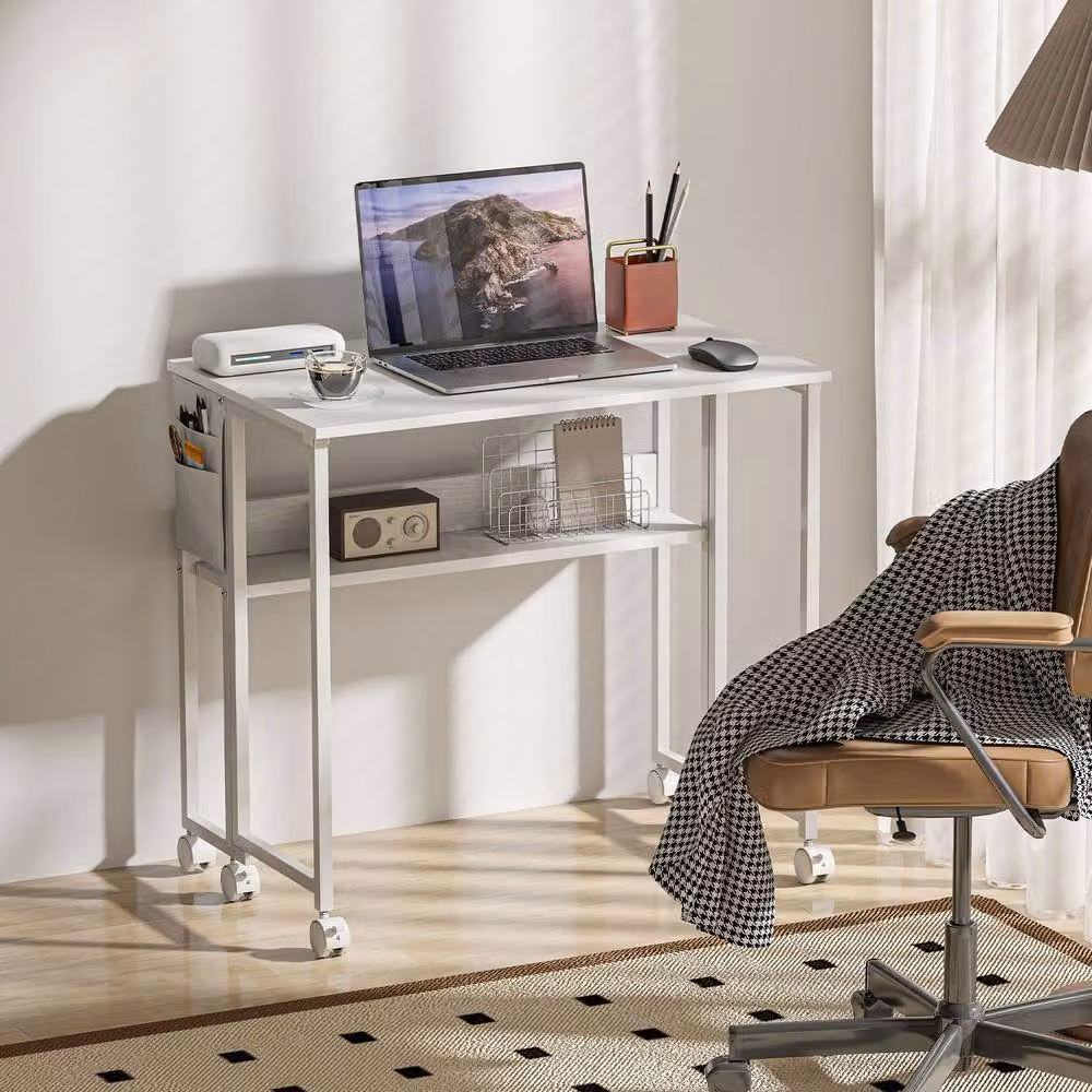 STILVORA White Drop Leaf Writing Desk with Shelves and Castors – 5