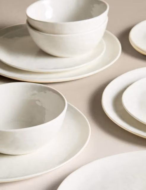 M&S 12 Piece White Bone China and Ceramic Artisan Dinner Set
