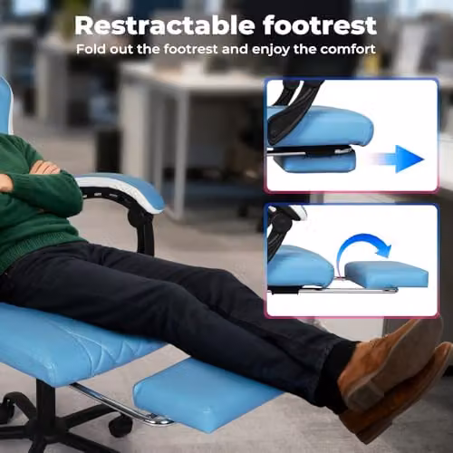 Levede Blue and White Ergonomic Gaming Chair with Headrest, Adjustable Height and Swivel Function – 12