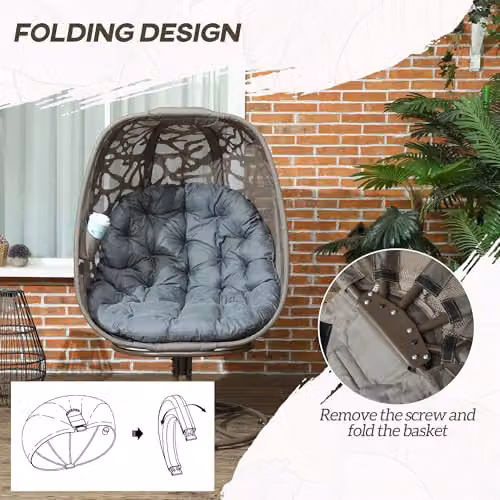 Outsunny Foldable Swivel Egg Chair with Cushions and Metal Frame, Grey – 5