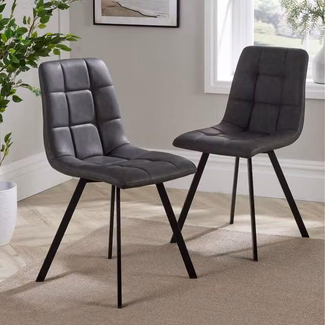 Home Source Leia Pair of Grey Scandinavian Dining Chairs with Fabric and Synthetic Leather Upholstery