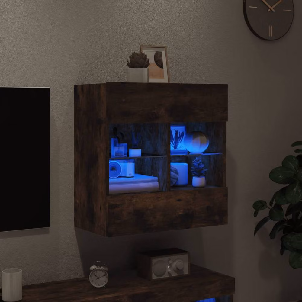 Berkfield Home Modern Wall Mounted TV Cabinet with Integrated LED Lights in Smoked Oak Brown, W/D/H: 58.5 x 30 x 60.5 cm – 4