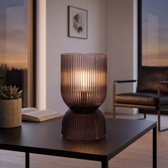 Garden Greatness Relica LED Tabletop Glass Lamp in Taupe and Brown, W/D/H: 12.0 x 12.0 x 19.0 cm