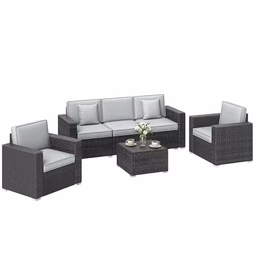 Outsunny 5 Seater Rattan Garden Furniture Set with Upholstered Cushions in Grey